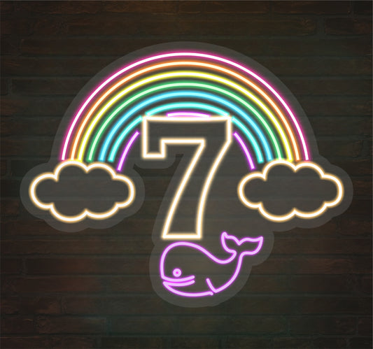 Rainbow ‘7’ Neon Sign – Aesthetic LED Wall Light with Whale & Clouds
