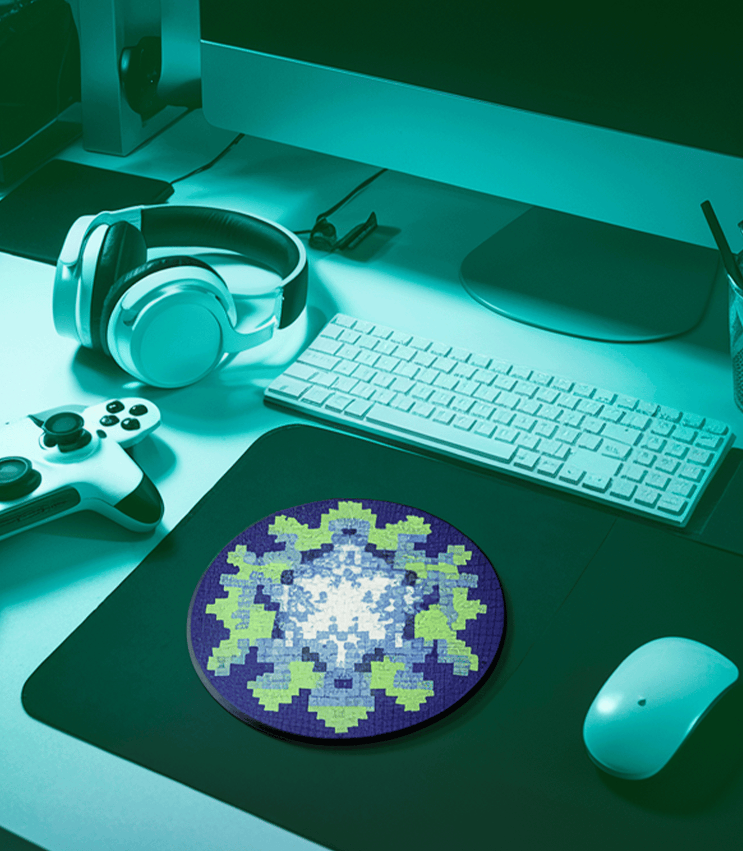 Pixel Art Mosaic Coaster – Blue Geometric Design