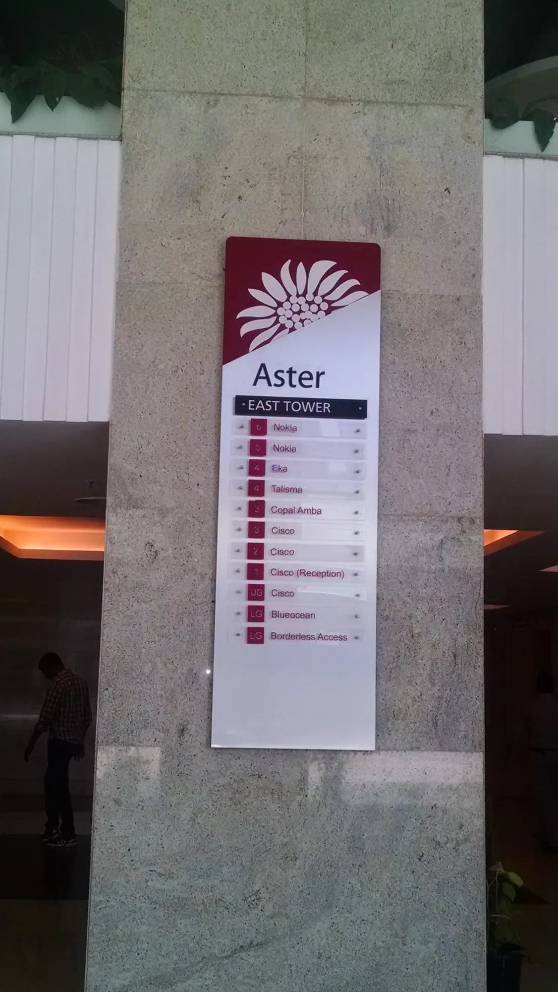 Aster East Tower tenant directory panel on a granite pillar