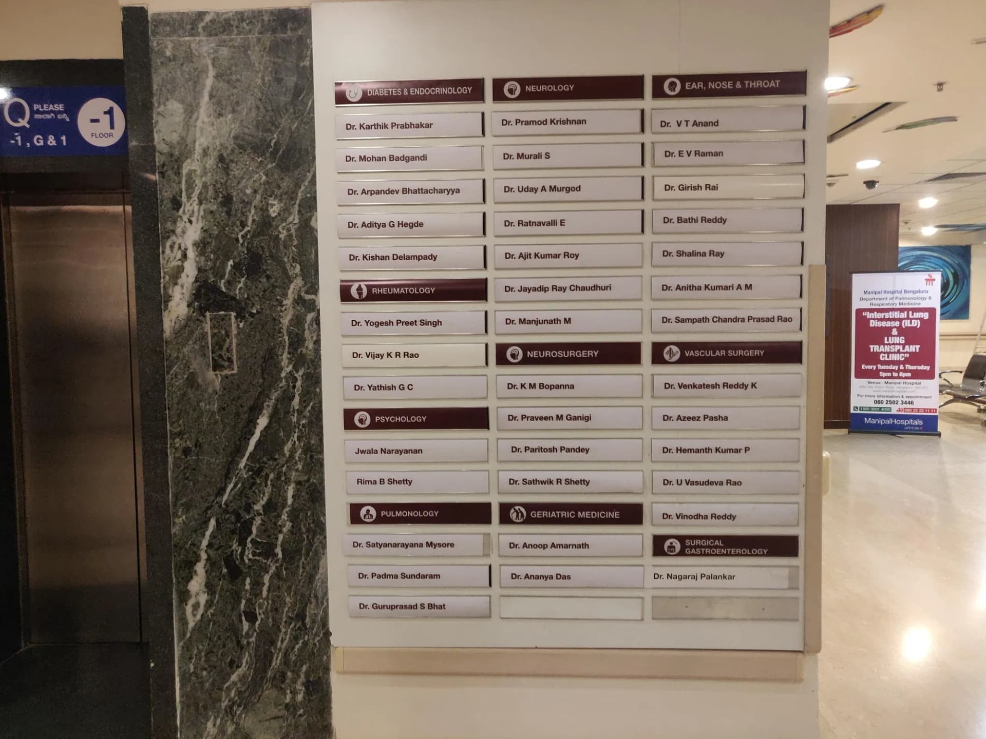 Hospital doctors directory board listing specialities and doctor names