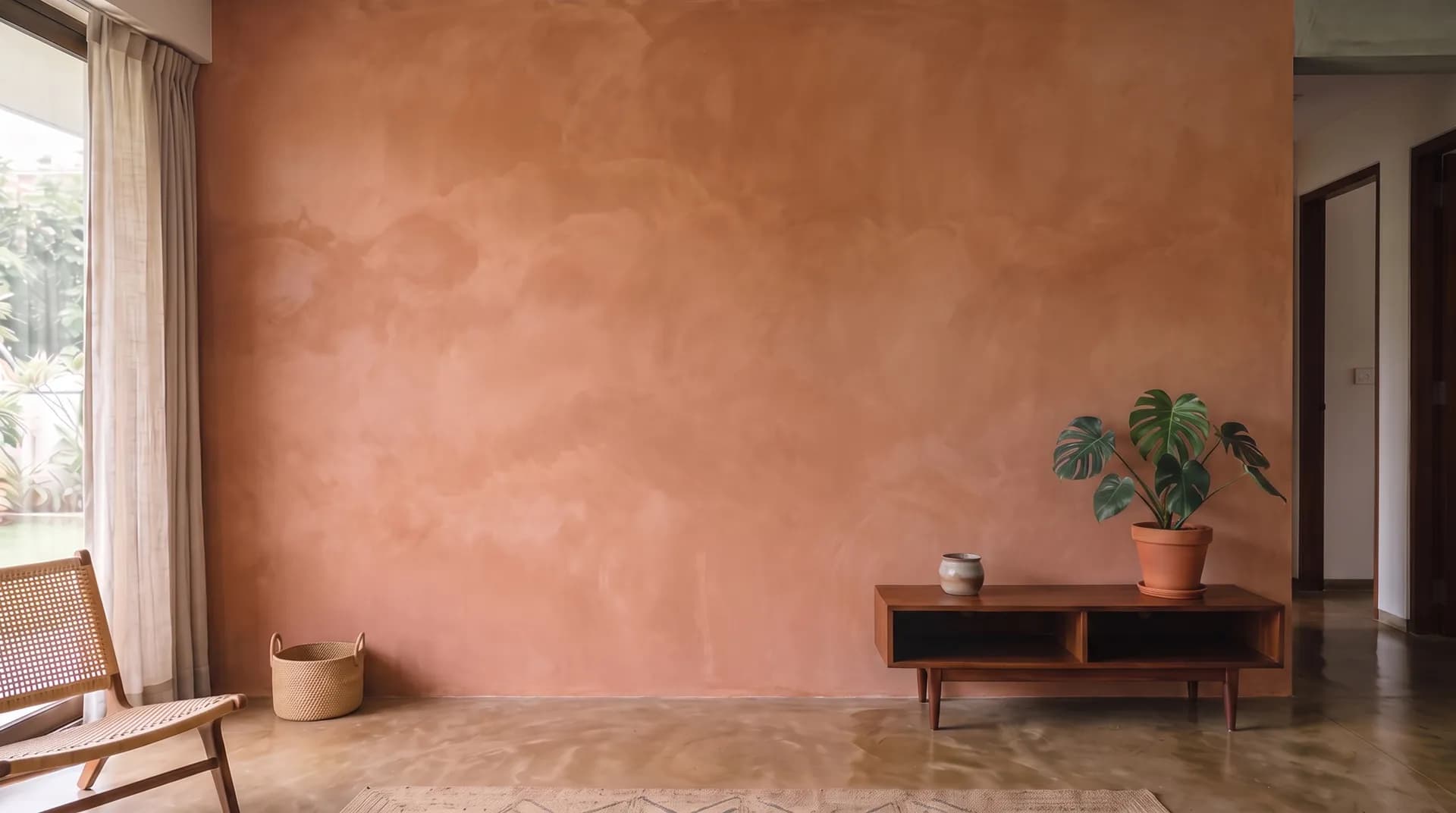 A living room wall finished in clay limewash beside a teak console, handsome but anonymous