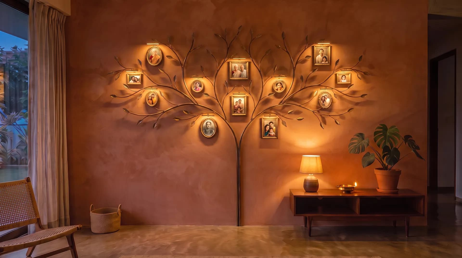 The same living room wall carrying a brass family tree with framed photos of three generations