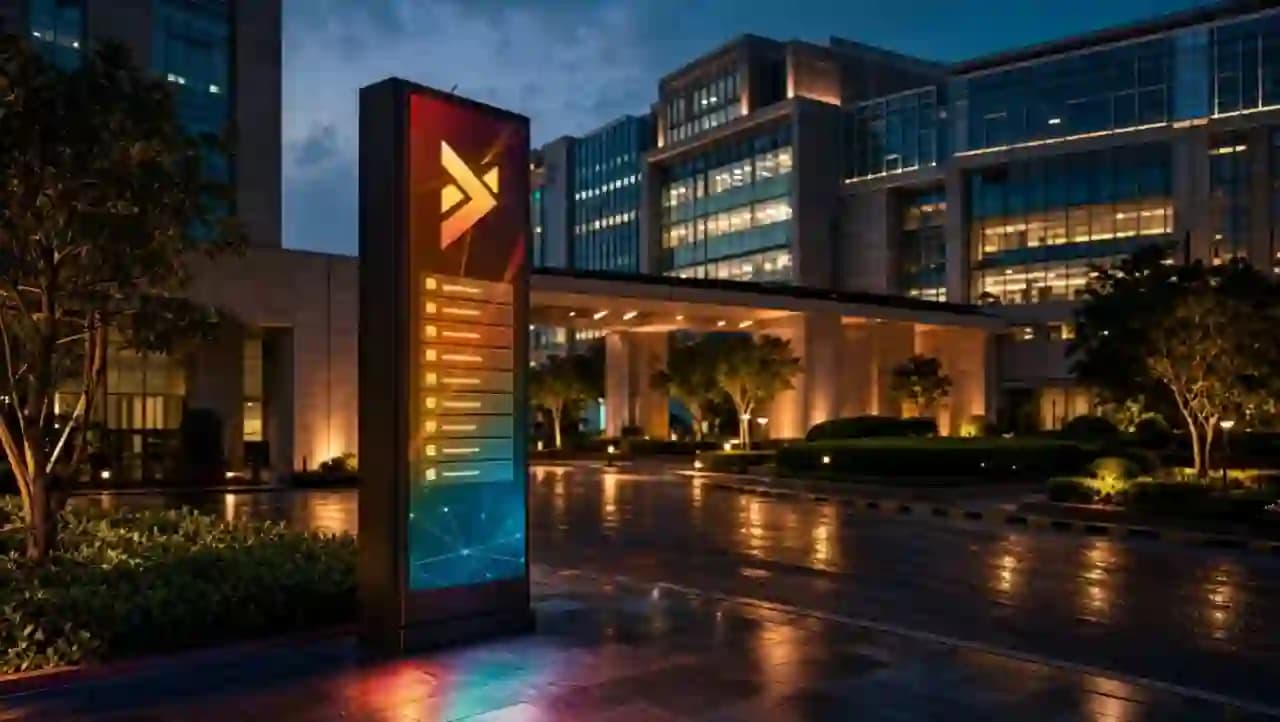 Drone approach to a technology park at dusk, LED totem carrying the campus identity and building directory