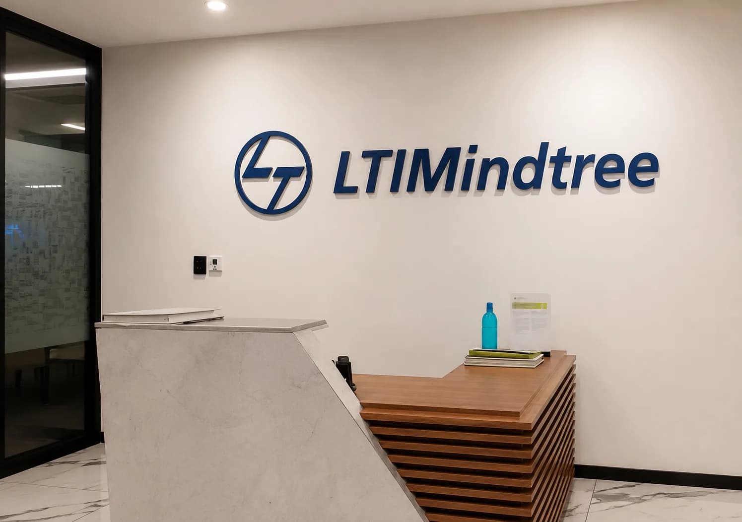 LTIMindtree logo letters on a reception wall