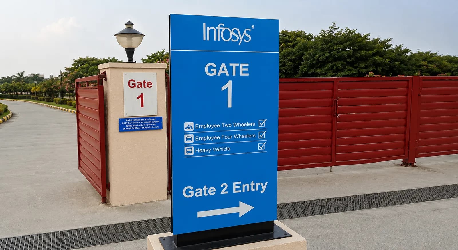 Infosys Gate 1 directional totem at a campus entrance