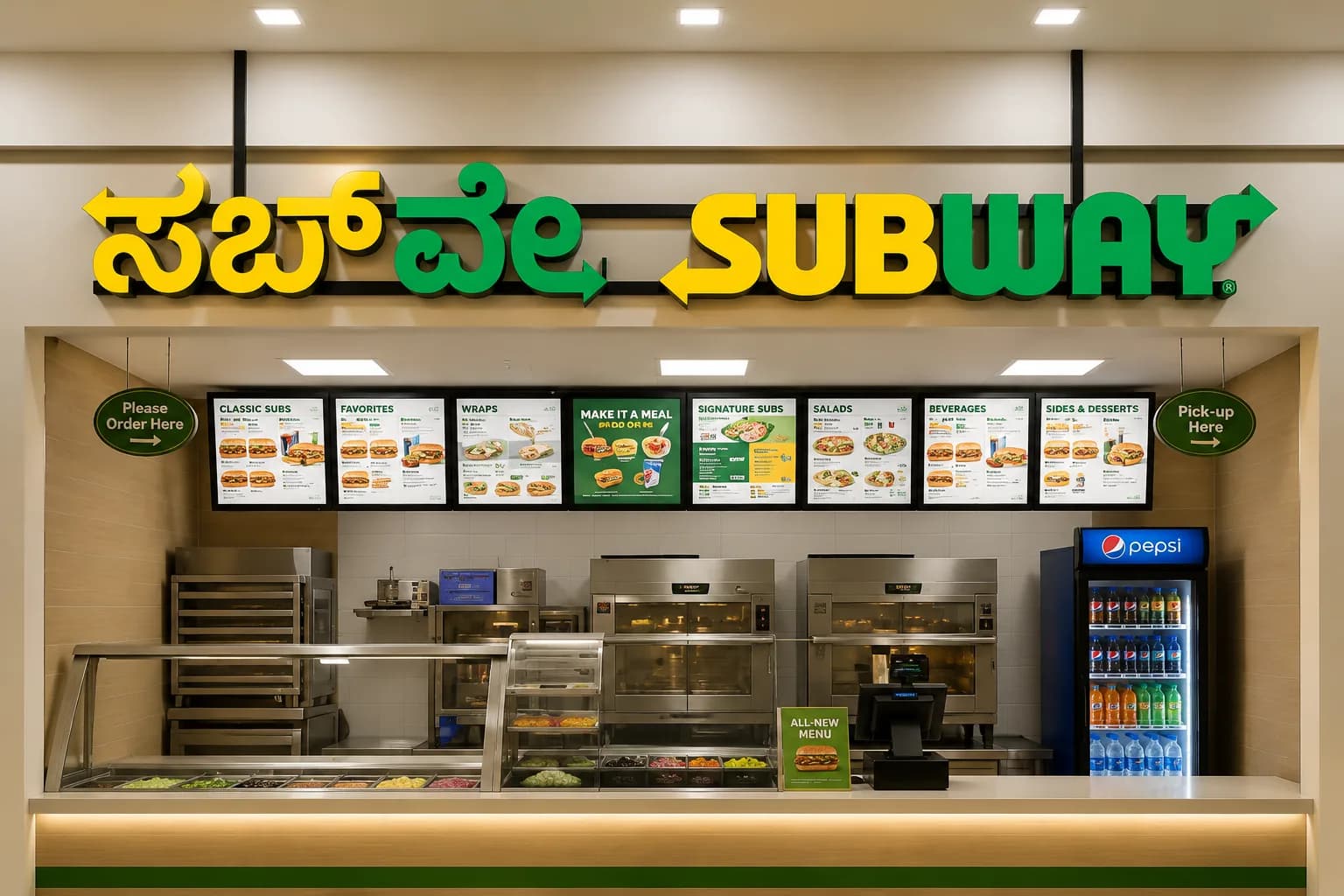 Subway fascia in Kannada and English above the counter
