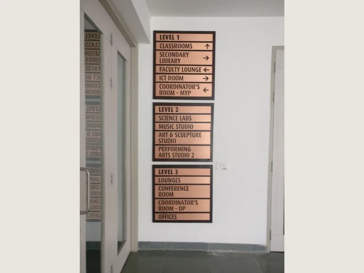 School building directory listing classrooms, laboratories, studios and offices by floor