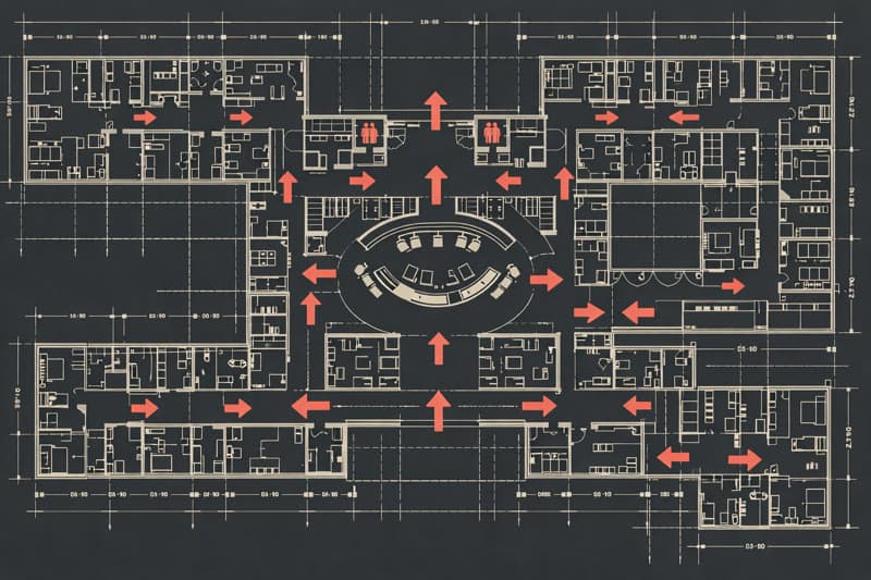 Dark floor plan with coral wayfinding decision points mapped across the space