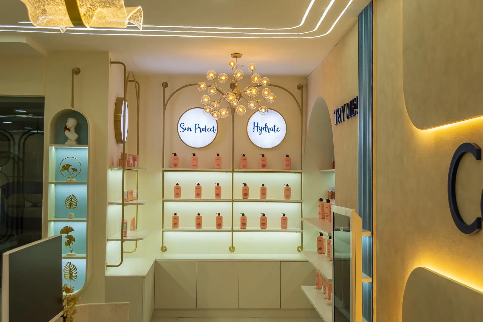 CosMediQ product bay with round lit discs above the shelves