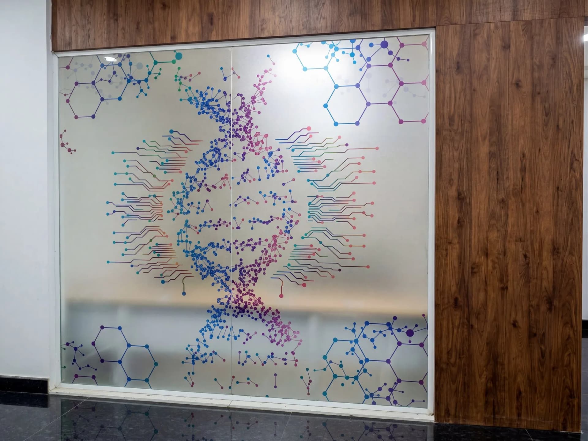 Frosted glass partition printed with a DNA helix and hexagon network
