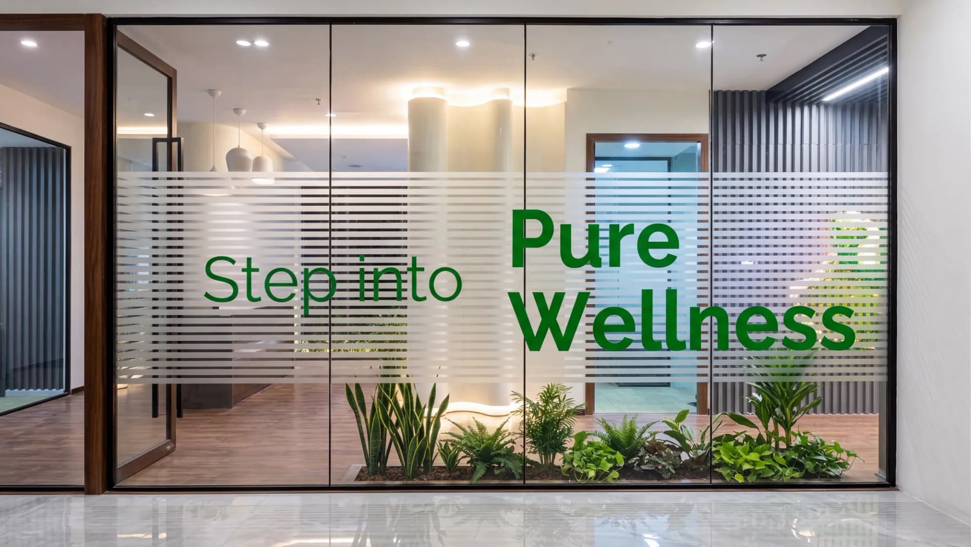 Glass meeting-room front with frosted stripes and green lettering: Step into Pure Wellness