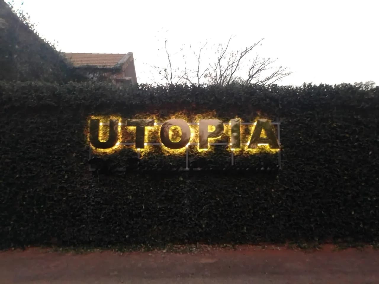 Brass UTOPIA letters lit warm white against a hedge wall at dusk