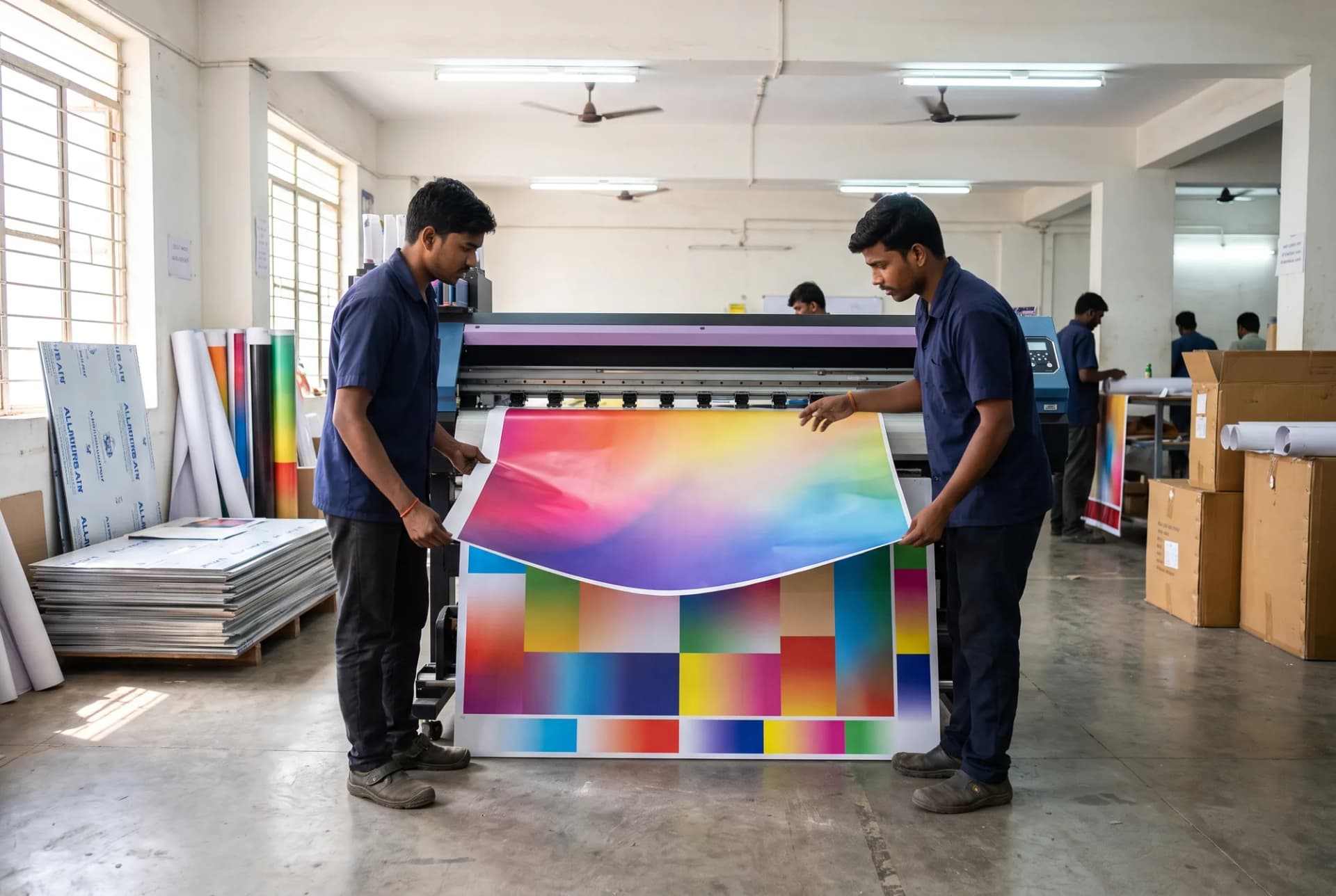 Two print technicians lifting a freshly printed large-format banner off a wide-format printer in the factory