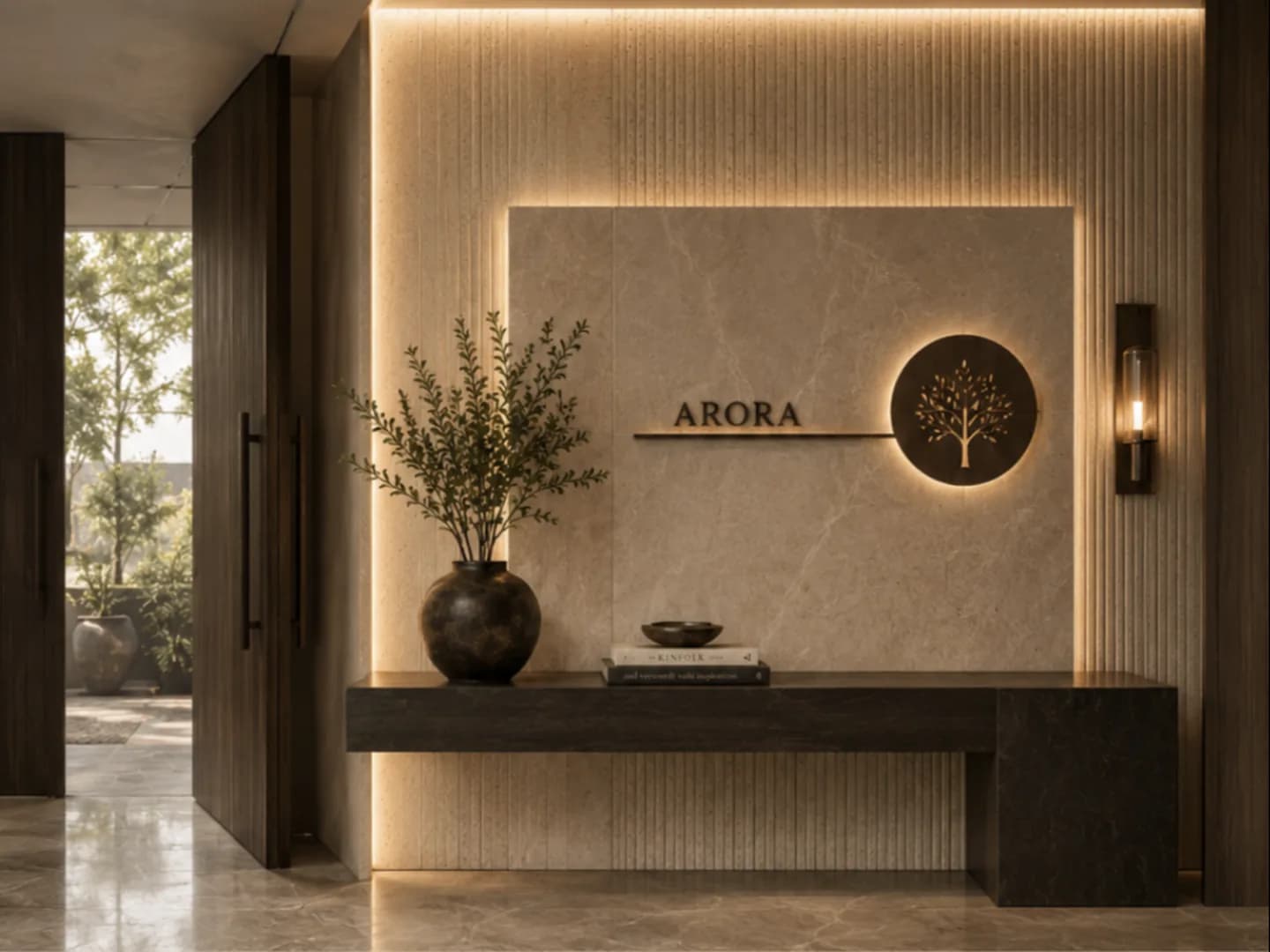 Villa entrance finished in fluted travertine with a backlit marble panel and the family's name