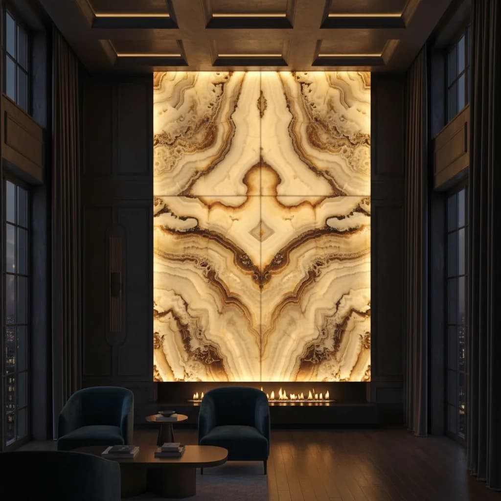 Backlit onyx feature wall in a double-height living room
