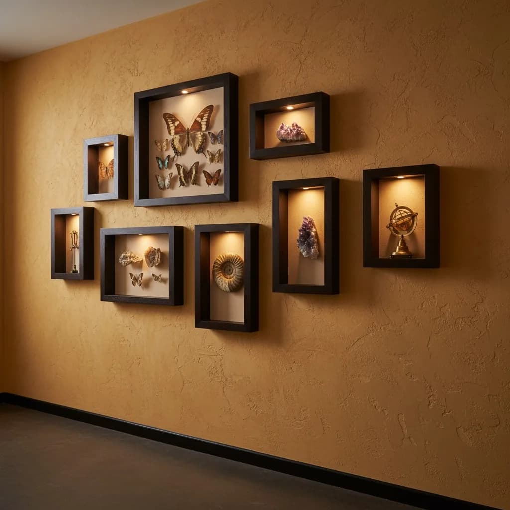 Box-frame gallery wall on warm plaster, each frame lit