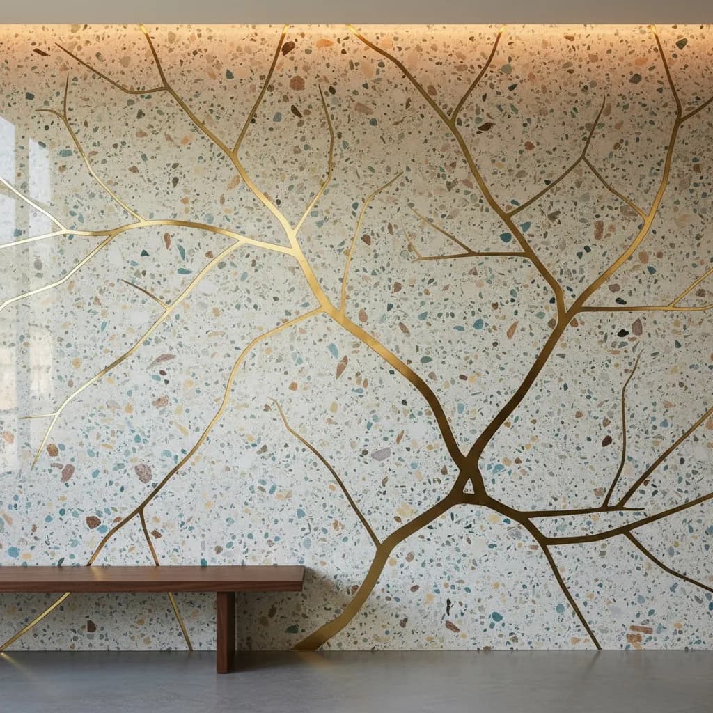 Terrazzo wall with brass inlay running through it like roots
