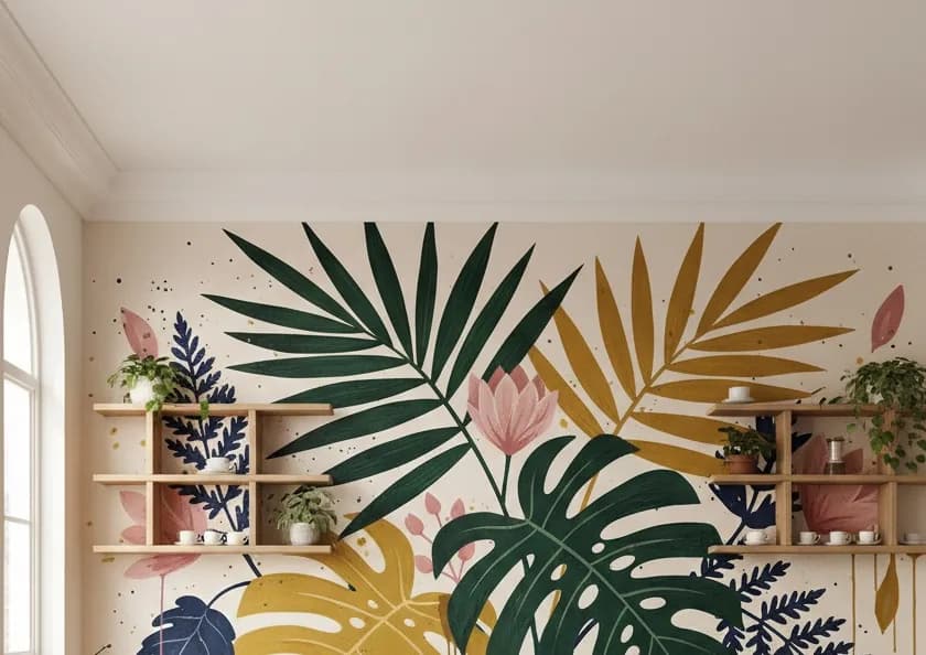 Hand-painted tropical leaf mural beside an arched window