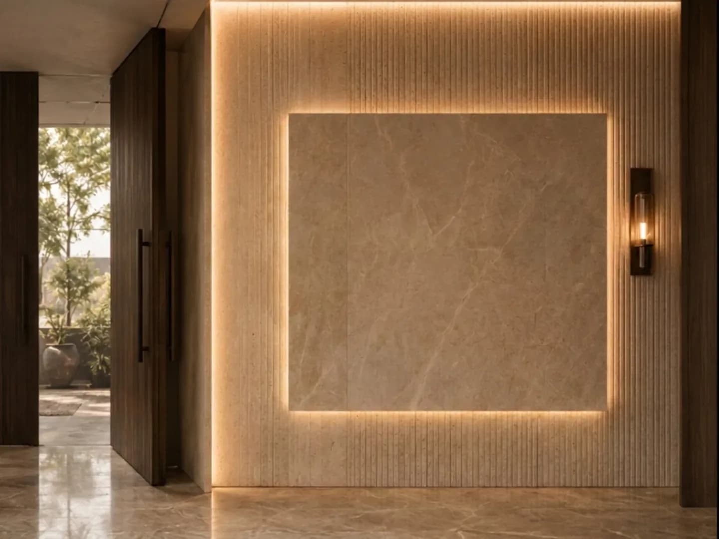 Villa entrance in fluted travertine with a backlit stone panel