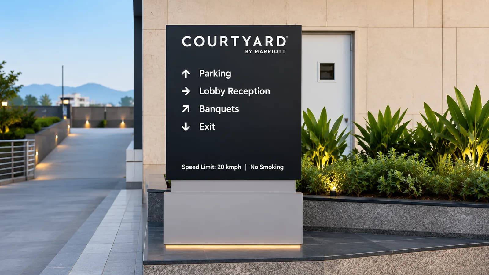 Courtyard by Marriott directional totem: parking, lobby reception, banquets, exit
