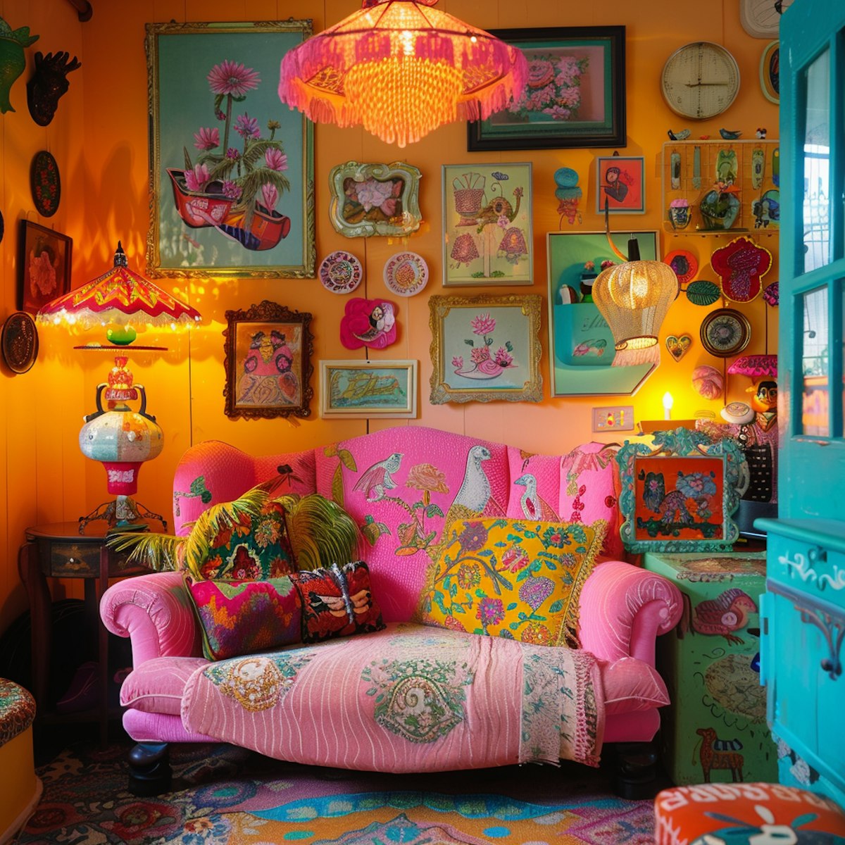 Vibrant bohemian living room with pink floral sofa, colorful cushions, eclectic wall art, and warm lighting