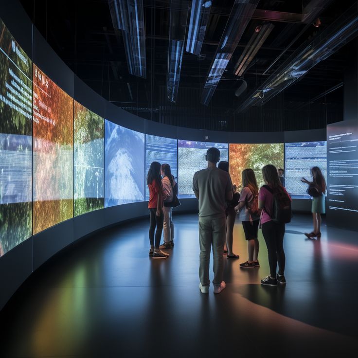 Group of people viewing curved digital signage wall displaying colorful scientific images in dark exhibition space