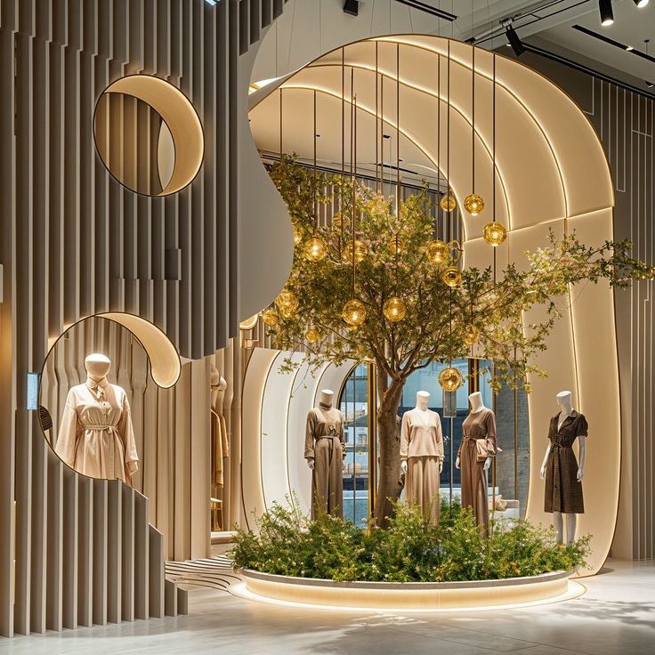 Elegant clothing display with mannequins in neutral tones around a central tree with golden hanging lights in a modern store