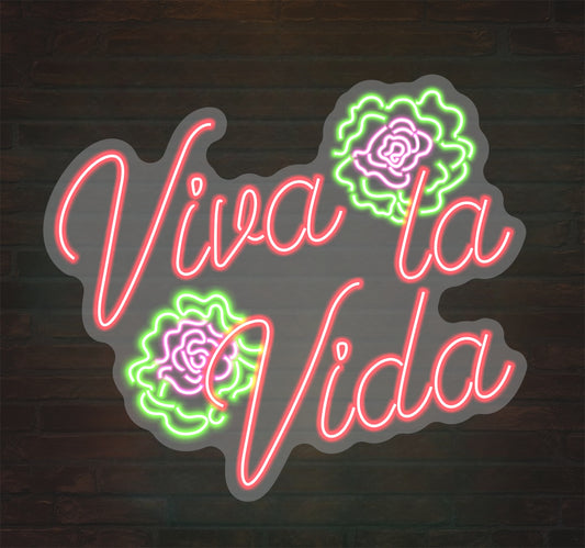 Viva La Vida Neon Sign – Glowing Spanish Quote with Floral Art