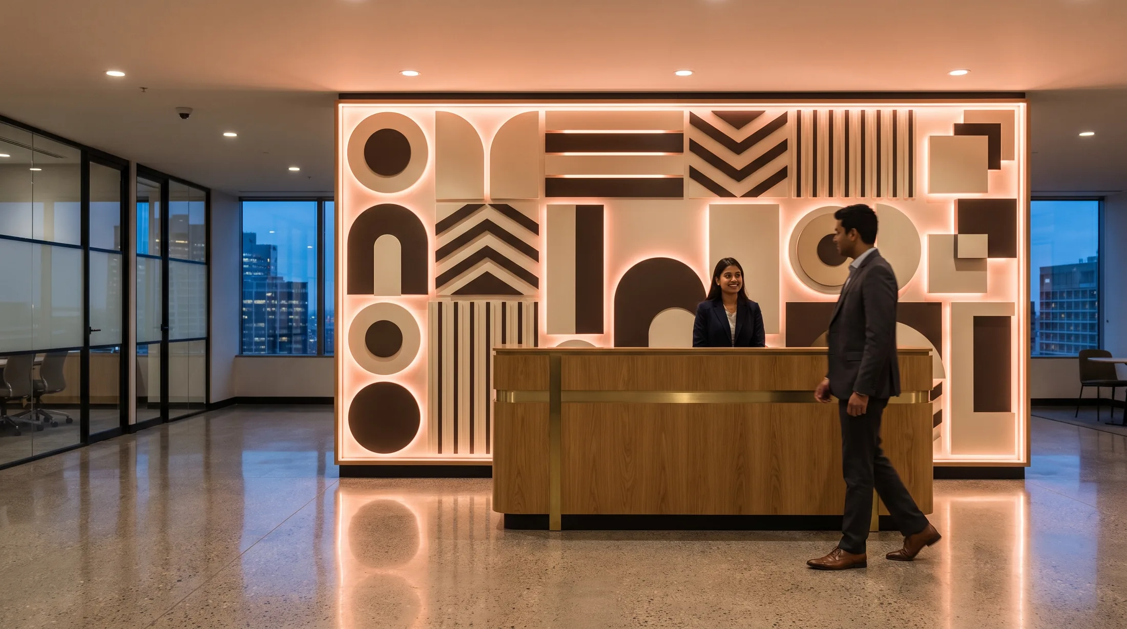 A office with its identity and lighting switched on