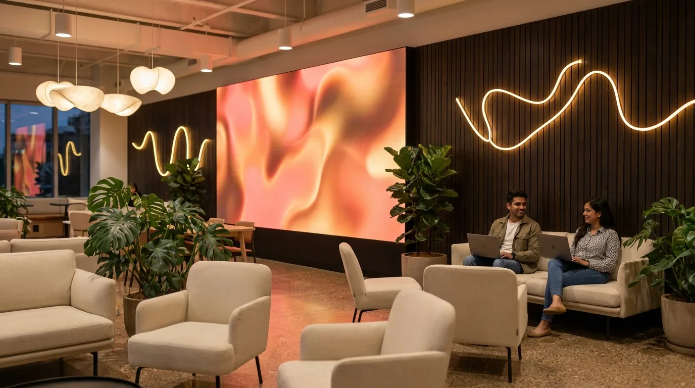 A co-working space with its identity and lighting switched on