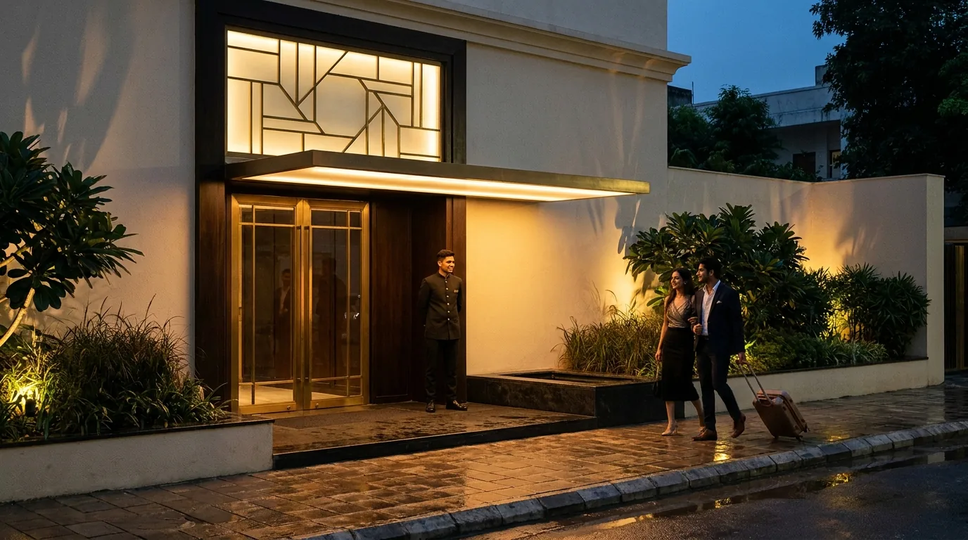 A hotel or restaurant with its identity and lighting switched on