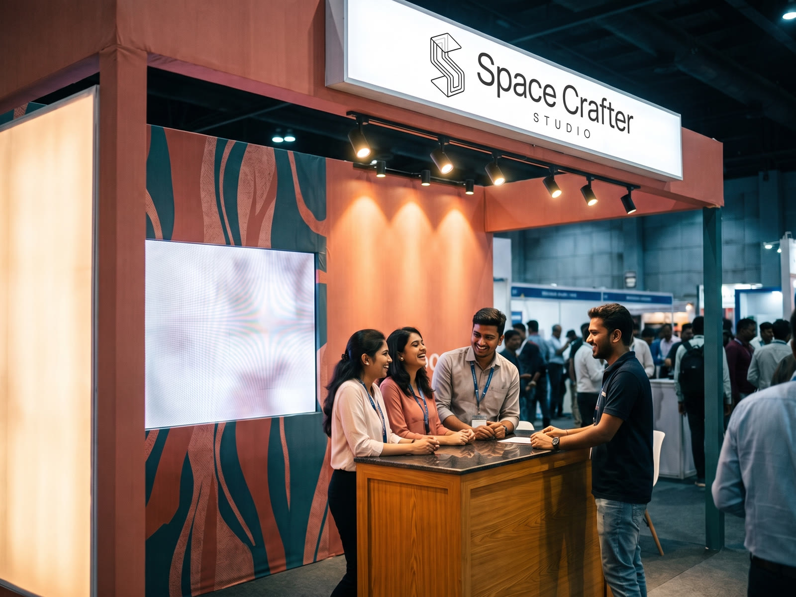 Visitors talking with staff at a custom-built exhibition stall with printed feature walls, a lightbox and an LED wall