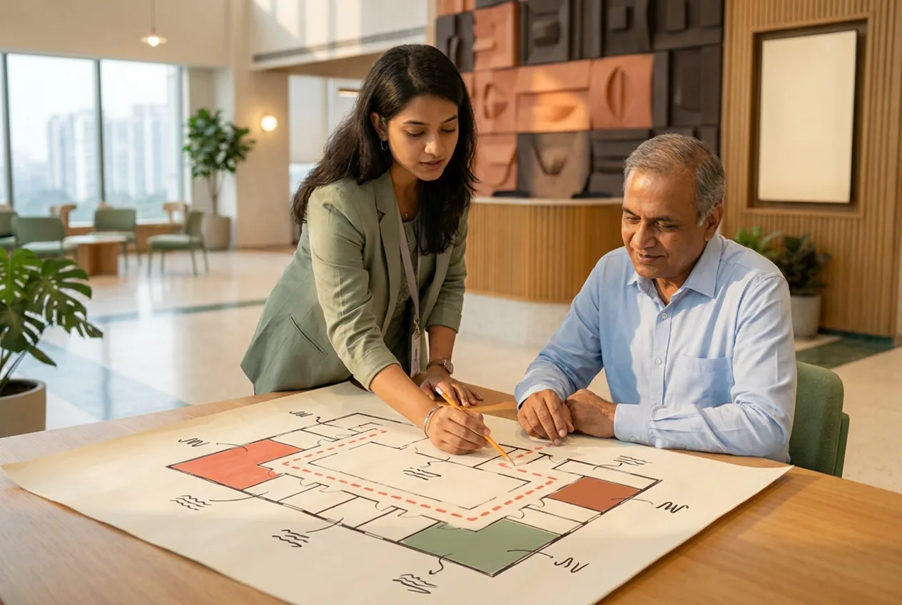 A consultant and a client reviewing a hand-drawn spatial branding map across a table in a lobby