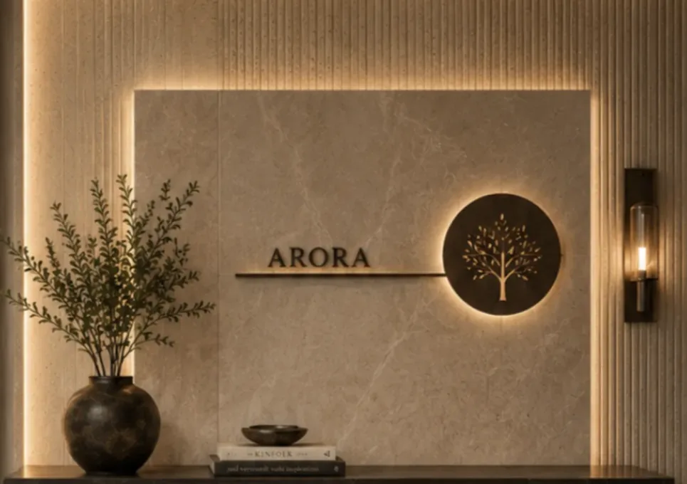 Family name in metal beside a backlit tree-of-life medallion on a stone entrance wall