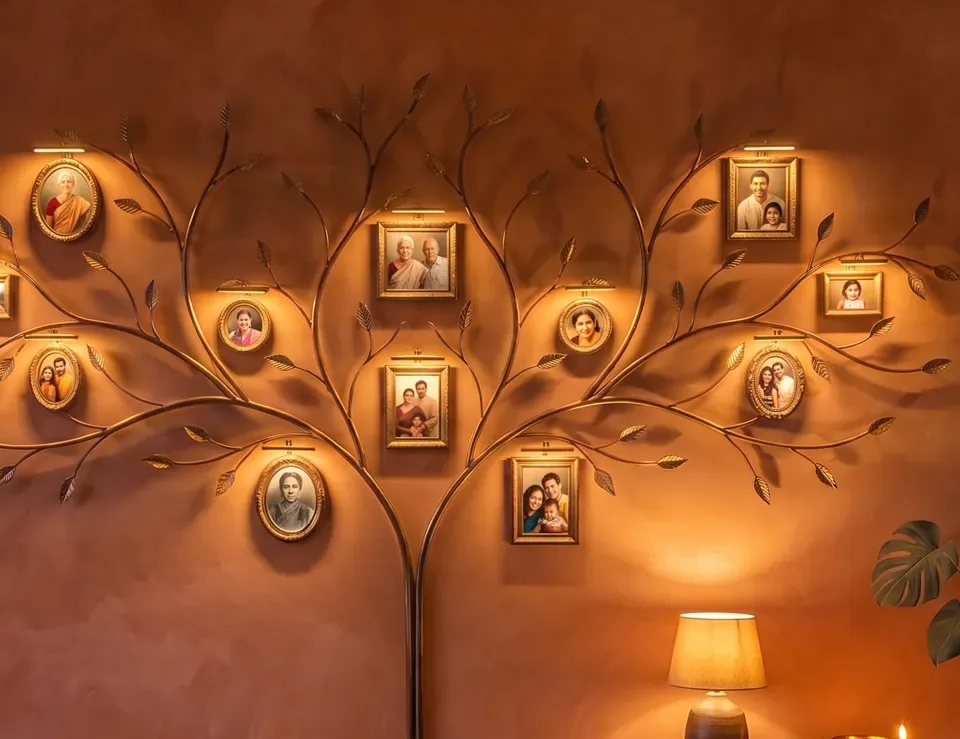 Brass family tree on a terracotta plaster wall, holding lit family photographs