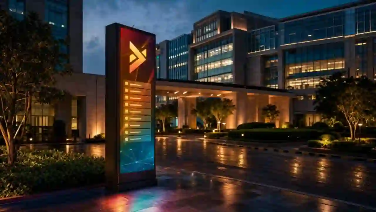 Drone approach to a technology park at dusk, LED totem carrying the campus identity and building directory
